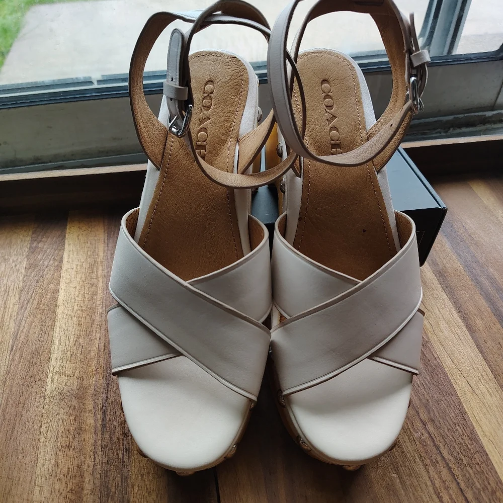 Coach Cream Leather Crisscross Wedge Sandals with Tan Ankle Straps - Picture 1 of 4